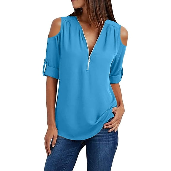 Cqxid525 Casual T shirts Spring/Fall Fashion Tops Button Women Ladies Clothing Loose Shirt Chiffon Zipper Long Sleeves Plus Size Tops Cold Shoulder Top Business Tunic Blouses