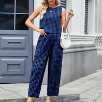 Cqxid525 Clothing Women Casual 2 Piece Outfit Striped 2 Piece Pants Sets for Women Y2K Gingham Outfits Sleeveless Tank Top and Wide Leg Barrel Pants Suits