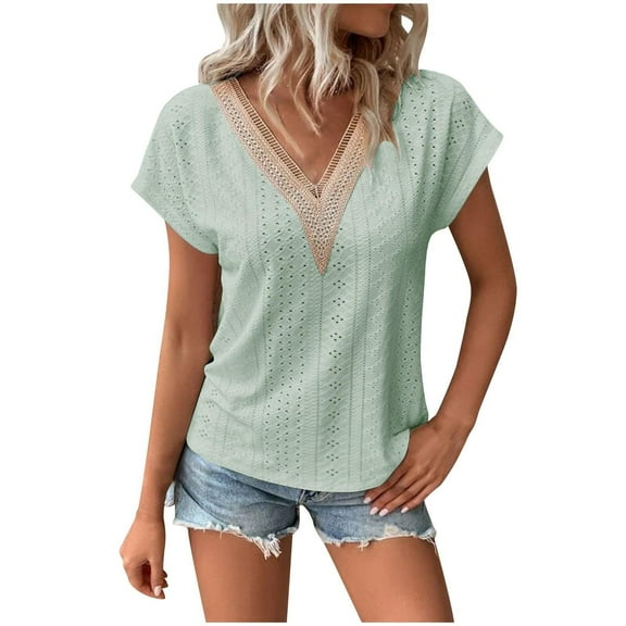 Cqxid525 Sales Basic T Shirts for Women Womens Summer Tops Casual Short Sleeve Shirts Crochet V Neck Blouses Fashion Patchwork Eyelet Tunic Top Tee Summer Tops Loose Fit