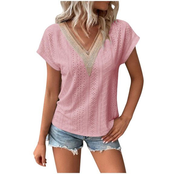Cqxid525 Womens Tops Womens Summer Tops Casual Short Sleeve Shirts Crochet V Neck Blouses Fashion Patchwork Eyelet Tunic Top Tee Summer Tops Loose Fit