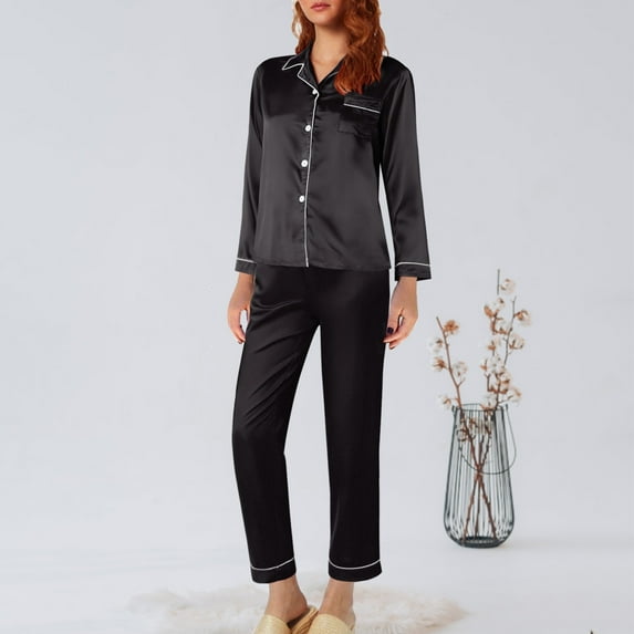 Cqxid525 Clothing Women's Pajama Sets Silk Satin Pajamas for Women Set 2 Piece Silk Pjs Long Sleeve Top Cozy Sleepwear Silky Pajamas