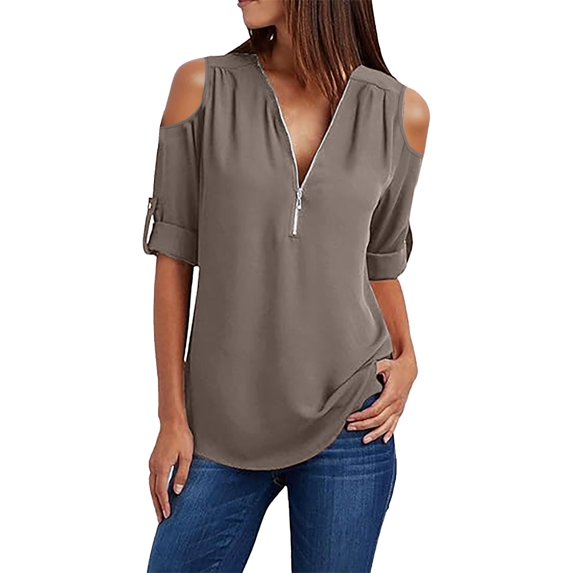 Cqxid525 Clearance Womens Long Sleeve Shirts Basic Tee Button Women Ladies Clothing Loose Shirt Chiffon Zipper Long Sleeves Plus Size Tops Cold Shoulder Top Basic Tee Fashion Womens Tops