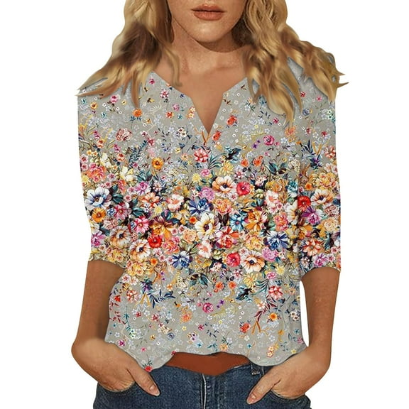 Cqxid525 Comfort Colors T-Shirts 3/4 Sleeve Tops For Women Summer Notched V Neck Plain T Shirts Casual Cute Three Quarter Length Blouses Gray S