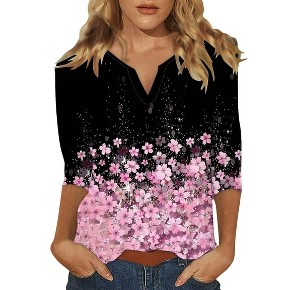 Cqxid525 Comfort Colors T-Shirts 3/4 Sleeve Tops For Women Summer Notched V Neck Plain T Shirts Casual Cute Three Quarter Length Blouses Pink Xxxl