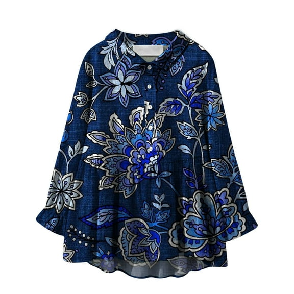 Cqxid525 Comfort Colors T-Shirts Linen Shirts For Women Summer Plus Size Loose Fit Cotton Blouses Long Sleeve Button Up Casual Floral Tops Blue Xl