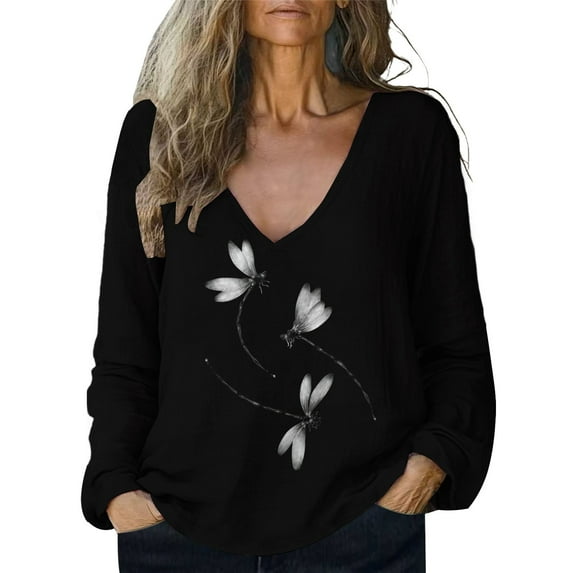 Cqxid525 Comfort Colors T-Shirts Women Baggy Cotton Linen Tops Stylish Print Blouse For Women Plus Size Long Sleeve V Neck T Shir Black L