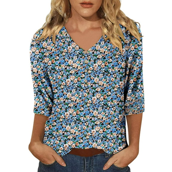 Cqxid525 Comfort Colors T-Shirts Women's Casual 3/4 Sleeve T Shirts 2025 V Neck Tunic Tops Cute Tees Blouses Loose Fit Business Work Tee Top Blue L