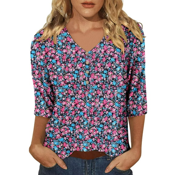 Cqxid525 Comfort Colors T-Shirts Women's Casual 3/4 Sleeve T Shirts 2025 V Neck Tunic Tops Cute Tees Blouses Loose Fit Business Work Tee Top Pink L