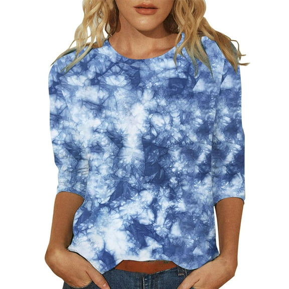 Cqxid525 Comfort Colors T-Shirts Women's Fashionable Round Neck Casual Floral Print Three Quarter Sleeve T Shirt Blue L Summer Tops