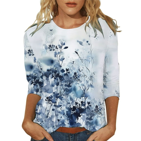 Cqxid525 Comfort Colors T-Shirts Women's Fashionable Round Neck Casual Floral Print Three Quarter Sleeve T Shirt Blue Xxxl Loose Fit Tees Blouses