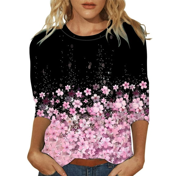 Cqxid525 Comfort Colors T-Shirts Women's Fashionable Round Neck Casual Floral Print Three Quarter Sleeve T Shirt Pink Xxxl Summer Casual Tee Tops