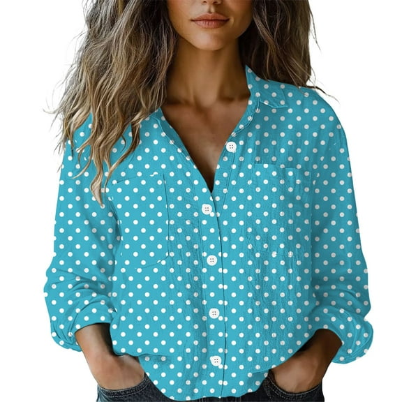 Cqxid525 Ladies Tops And Blouses Women Cotton Shirt Printed Fashion Button Down Shirts Casual Tops Long Sleeve Blouse Blue L