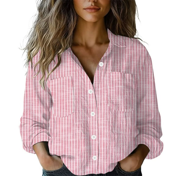 Cqxid525 Ladies Tops And Blouses Women Cotton Shirt Printed Fashion Button Down Shirts Casual Tops Long Sleeve Blouse Pink L