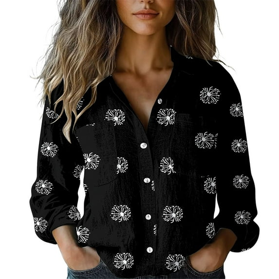 Cqxid525 Ladies Tops And Blouses Women's Long Sleeved Printed Button Down Shirt Black L Cute Trendy Blouses