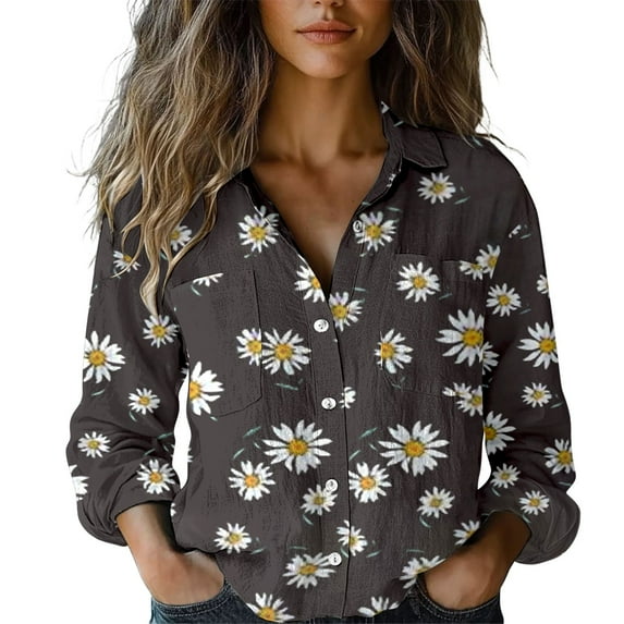 Cqxid525 Ladies Tops And Blouses Women's Long Sleeved Printed Button Down Shirt Brown S Beach Vacation Clothes