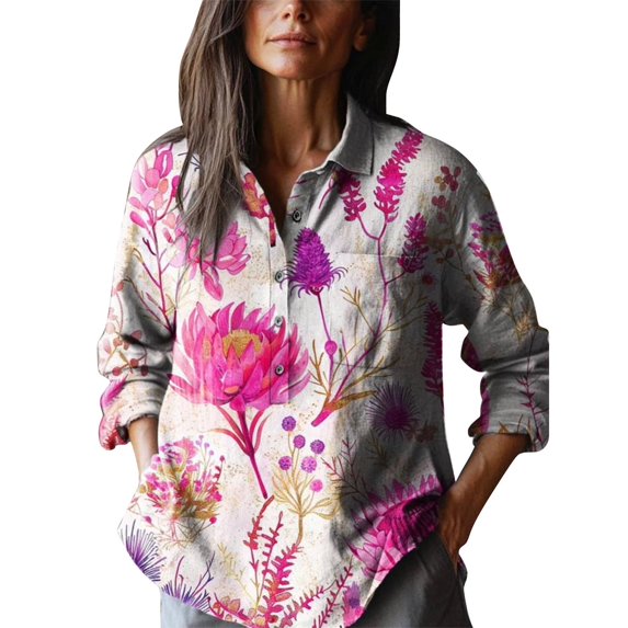 Cqxid525 Ladies Tops And Blouses Women's Retro Floral Art Print Casual Long Sleeve Comfortable Cotton Shirt Pink Xl Tunic Tops 2025 Dressy