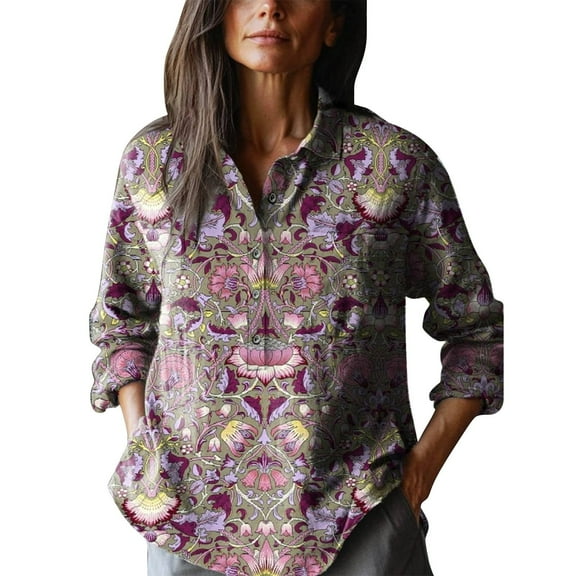Cqxid525 Ladies Tops And Blouses Women's Retro Floral Art Print Casual Long Sleeve Comfortable Cotton Shirt Purple L Cute Trendy Blouses