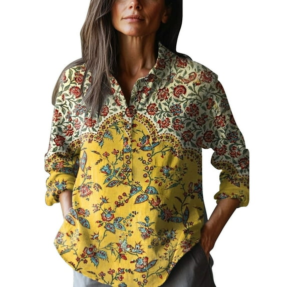 Cqxid525 Ladies Tops And Blouses Women's Retro Floral Art Print Casual Long Sleeve Comfortable Cotton Shirt Yellow S