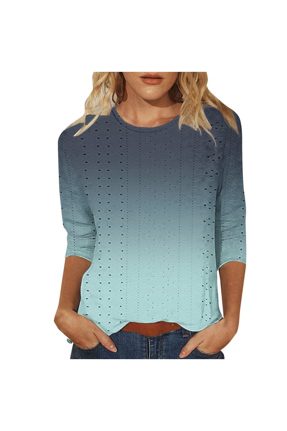 Loose Fit Tees Blouses 2025 Summer Casual Crew Neck Hollowed Out Shirt Third of the Length of the Top