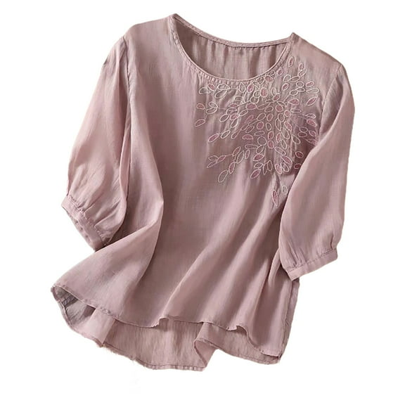 Cqxid525 Loose Fit Tees Blouses Women's Summer Short Sleeved Cotton and Linen Tops Embroidered Literary Retro Cotton and Linen Shirts T Shirts Slim Summer New Loose Shirts