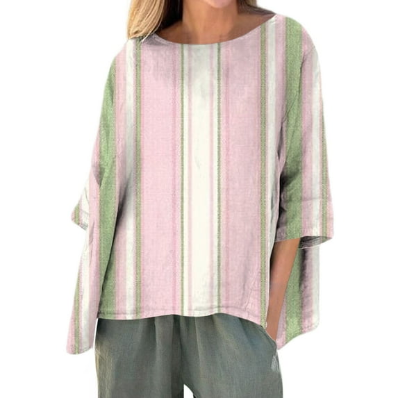Cqxid525 Short Sleeve T-Shirts for Women Linen Women Round Neck 3/4 Sleeve Loose Shirt Casual Loose Autumn Women T Shirt Top Summer S 3Xl