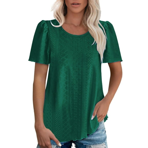 Cqxid525 Short Sleeve Tops For Women Women's Round Neck Puffed Sleeve Hole Hollow Short Sleeve Casual T Shirt Top Green S Summer Tops Short Sleeve