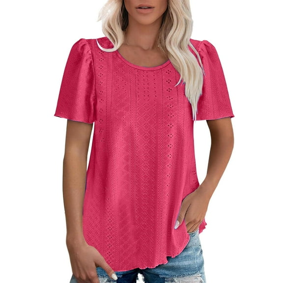 Cqxid525 Short Sleeve Tops For Women Women's Round Neck Puffed Sleeve Hole Hollow Short Sleeve Casual T Shirt Top Pink S Beach Vacation Clothes