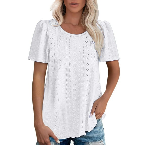 Cqxid525 Short Sleeve Tops For Women Women's Round Neck Puffed Sleeve Hole Hollow Short Sleeve Casual T Shirt Top White M Casual Tops
