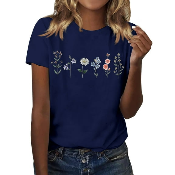 Cqxid525 Short Sleeve Tops For Women Womens Graphic T Shirt Vintage Floral Shirt Flower Tee Fall Shirts Blue Xxxl Loose Fit T-shirt