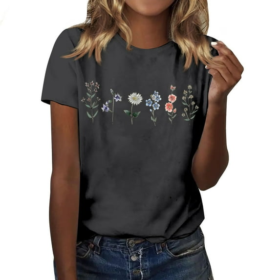 Cqxid525 Short Sleeve Tops For Women Womens Graphic T Shirt Vintage Floral Shirt Flower Tee Fall Shirts Gray Xl Loose Tees