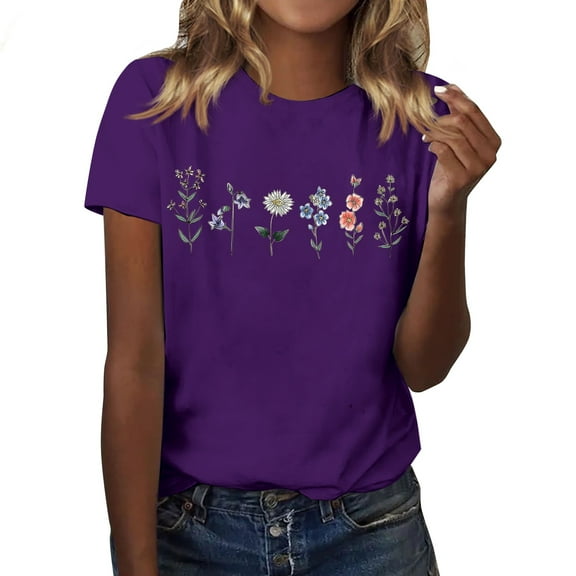Cqxid525 Short Sleeve Tops For Women Womens Graphic T Shirt Vintage Floral Shirt Flower Tee Fall Shirts Purple Xxxl Fashion Basic Casual