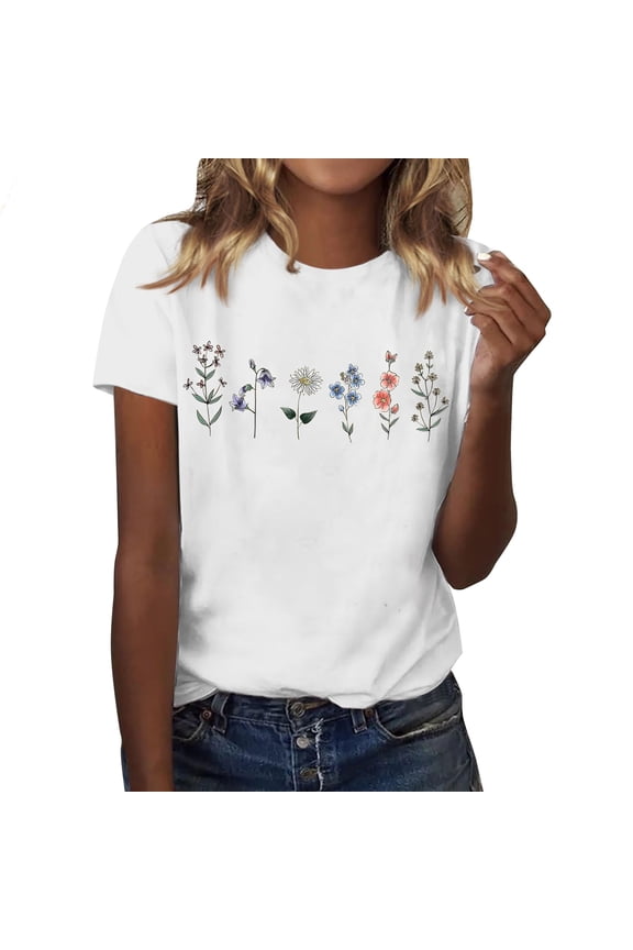 Cqxid525 Short Sleeve Tops For Women Womens Graphic T Shirt Vintage Floral Shirt Flower Tee Fall Shirts White L Fashion Basic Tees