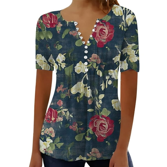 Cqxid525 Short Sleeve Tops For Women Summer Tops For Women 2025 Trendy Boho Floral Print Tunic Shirts Short Sleeve V Neck Tshirt Casual Loose Blouse Blue L