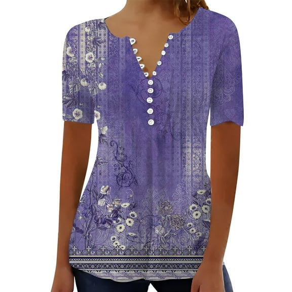 Cqxid525 Short Sleeve Tops For Women Summer Tops For Women 2025 Trendy Boho Floral Print Tunic Shirts Short Sleeve V Neck Tshirt Casual Loose Blouse Blue L