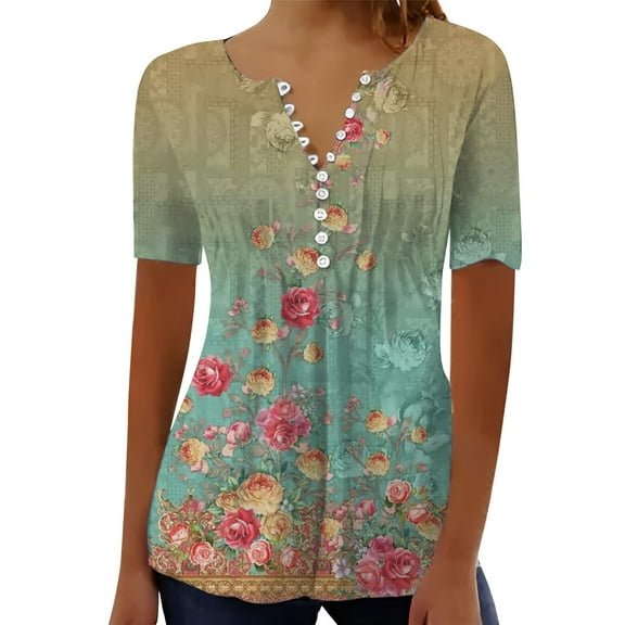 Cqxid525 Short Sleeve Tops For Women Summer Tops For Women 2025 Trendy Boho Floral Print Tunic Shirts Short Sleeve V Neck Tshirt Casual Loose Blouse Green Xxl