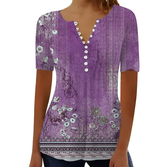 Cqxid525 Short Sleeve Tops For Women Summer Tops For Women 2025 Trendy Boho Floral Print Tunic Shirts Short Sleeve V Neck Tshirt Casual Loose Blouse Purple Xxxl