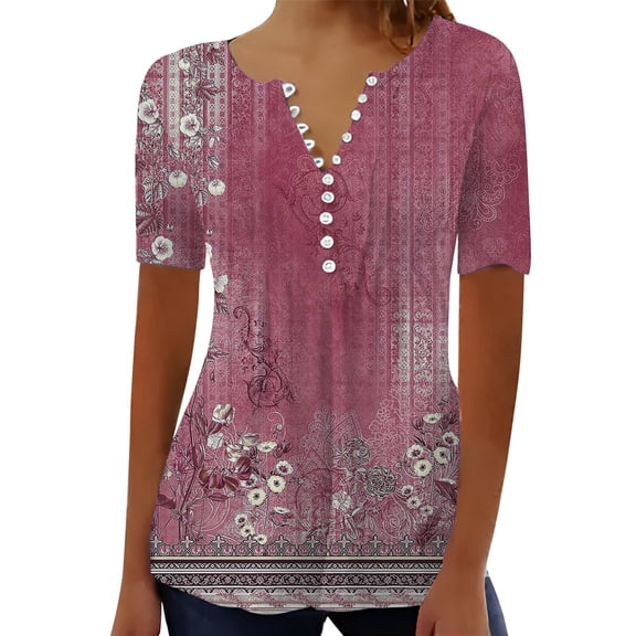 Cqxid525 Short Sleeve Tops For Women Summer Tops For Women 2025 Trendy Boho Floral Print Tunic Shirts Short Sleeve V Neck Tshirt Casual Loose Blouse Red S