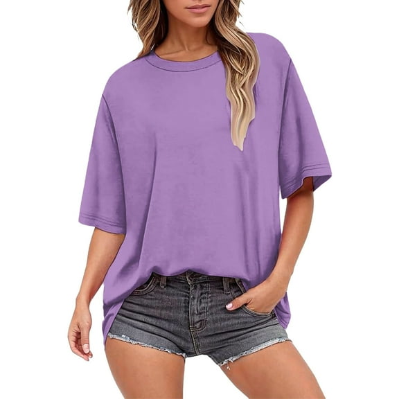 Cqxid525 Short Sleeve Tops For Women Summer Tops For Women Short Sleeve Crewneck Oversized T Shirts Trendy Solid/Flower Printed Beach Vacation Clothes Purple L