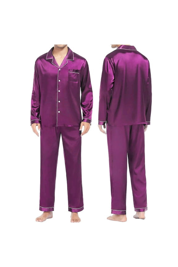 Cqxid525 Summer Clothing sale! 2 Piece Lounge Pjs Men's Casual Pyjamas Long Sleeve Blouse Satin Two Sleepwear Suit Pant Pyjama Two Piece Soft Sleepwear
