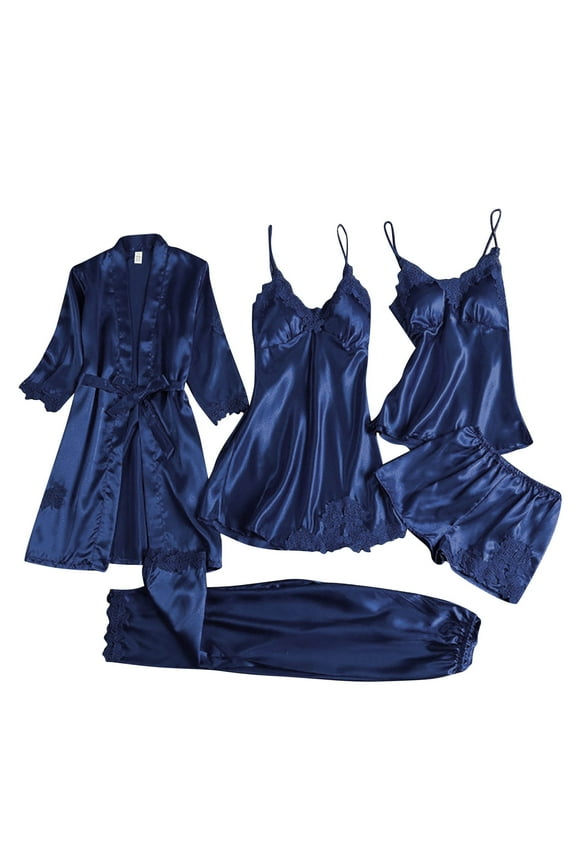 Summer Clothing sale! Pajama Set for Women Ladies Satin Pajamas Set 5 Piece Pajamas Silk Like Lace Paneled Fashion Pajamas Sleepwear Pjs Sets Lounge Set