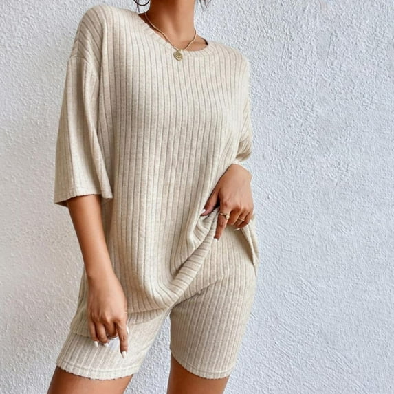 Cqxid525 Summer clearance sale! Short Sleeve Pj Set 2 Sets Ribbed Knit Pajamas Matching Outfits T Shirt Biker Shorts Sleepwear Sweatsuits Sleepwear Pjs Sets Lounge Set