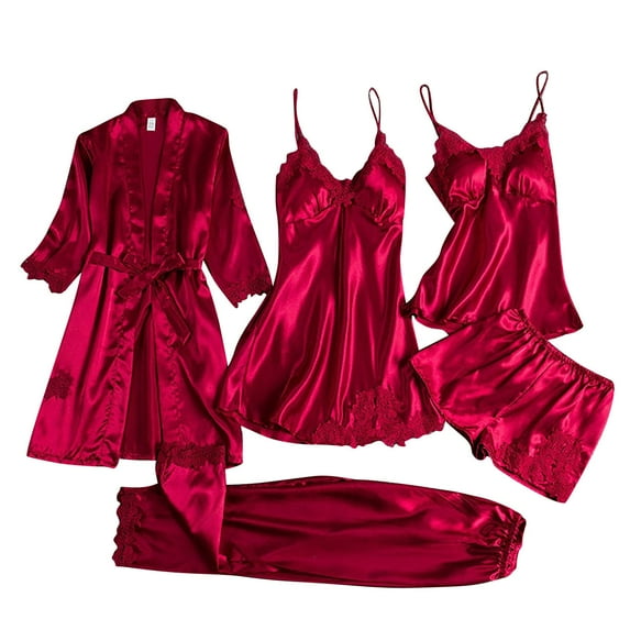 Cqxid525 Summer sale! Summer Sleepwear Shirt Ladies Satin Pajamas Set 5 Piece Pajamas Silk Like Lace Paneled Fashion Pajamas Sleepwear Pjs Sets Lounge Set
