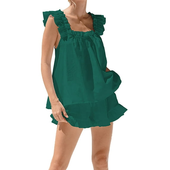 Cqxid525 Summer clearance sale! Summer Sleepwear Shirt Women 2 Shorts Set Ruffle Strap Tank Top Elastic Waist Wide Leg Shorts Pajama Set Sleepwear Pjs Sets Lounge Set