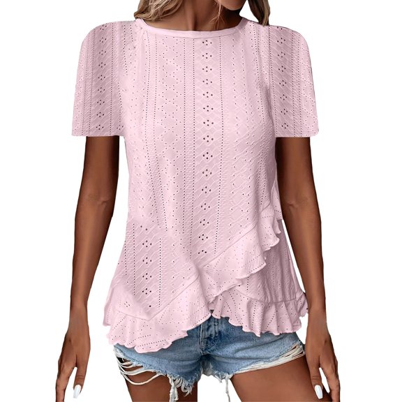 Cqxid525 T-Shirts for Women Fashionable and Casual Solid Color Short Sleeved Round Neck T Shirt Eyelet T Shirt