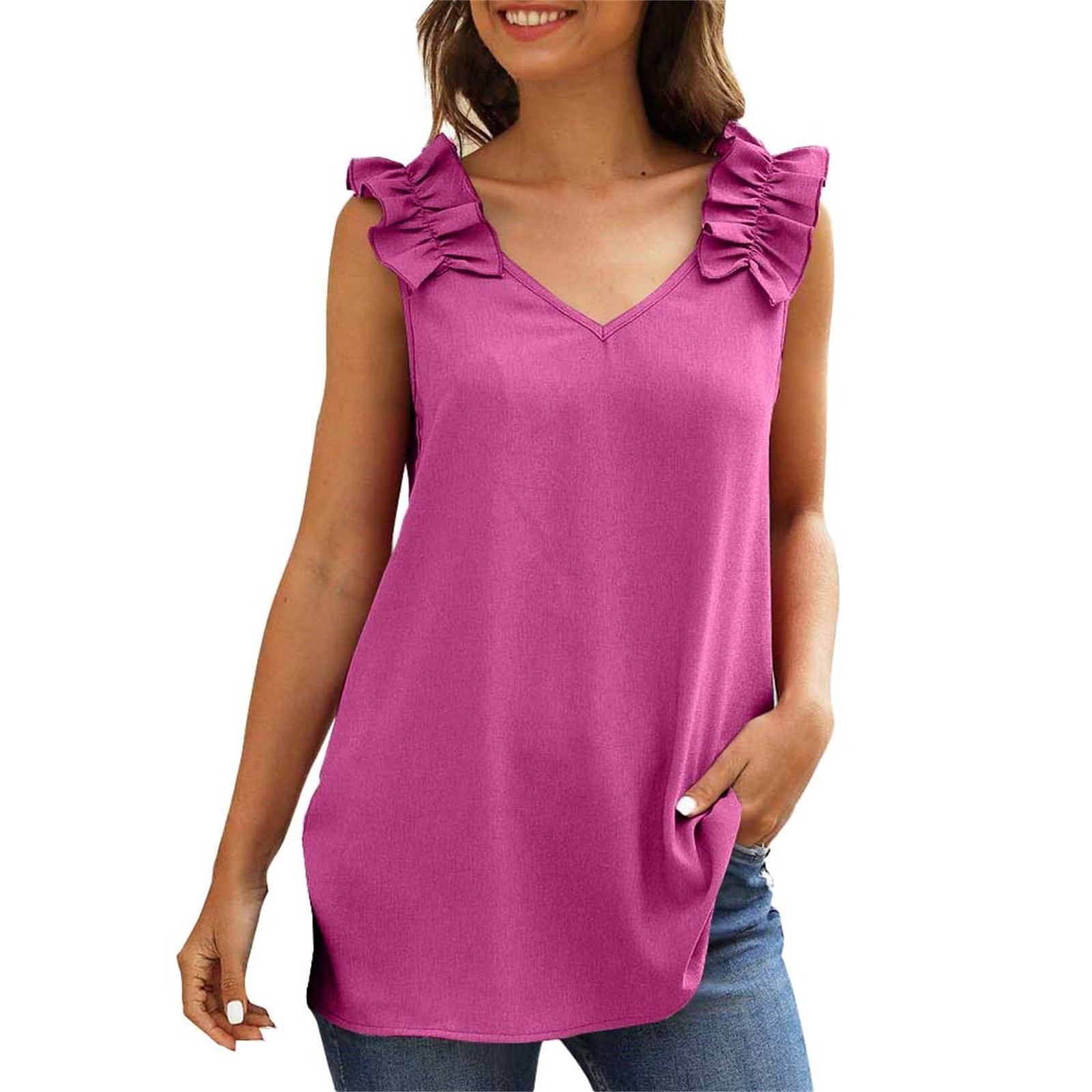 Cqxid525 Women’S Sleeveless T-Shirts Womens Ruffles Shoulder V Neck ...