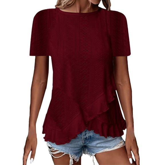 Cqxid525 Women's Short Sleeve T-Shirt Fashionable and Casual Solid Color Short Sleeved Round Neck T Shirt Eyelet T Shirt