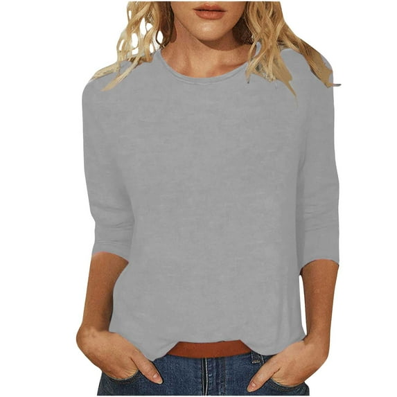 Cqxid525 Women's T-Shirts Women's Solid Color Round Neck Slim Seven Point Sleeve T Shirt Top M Grey