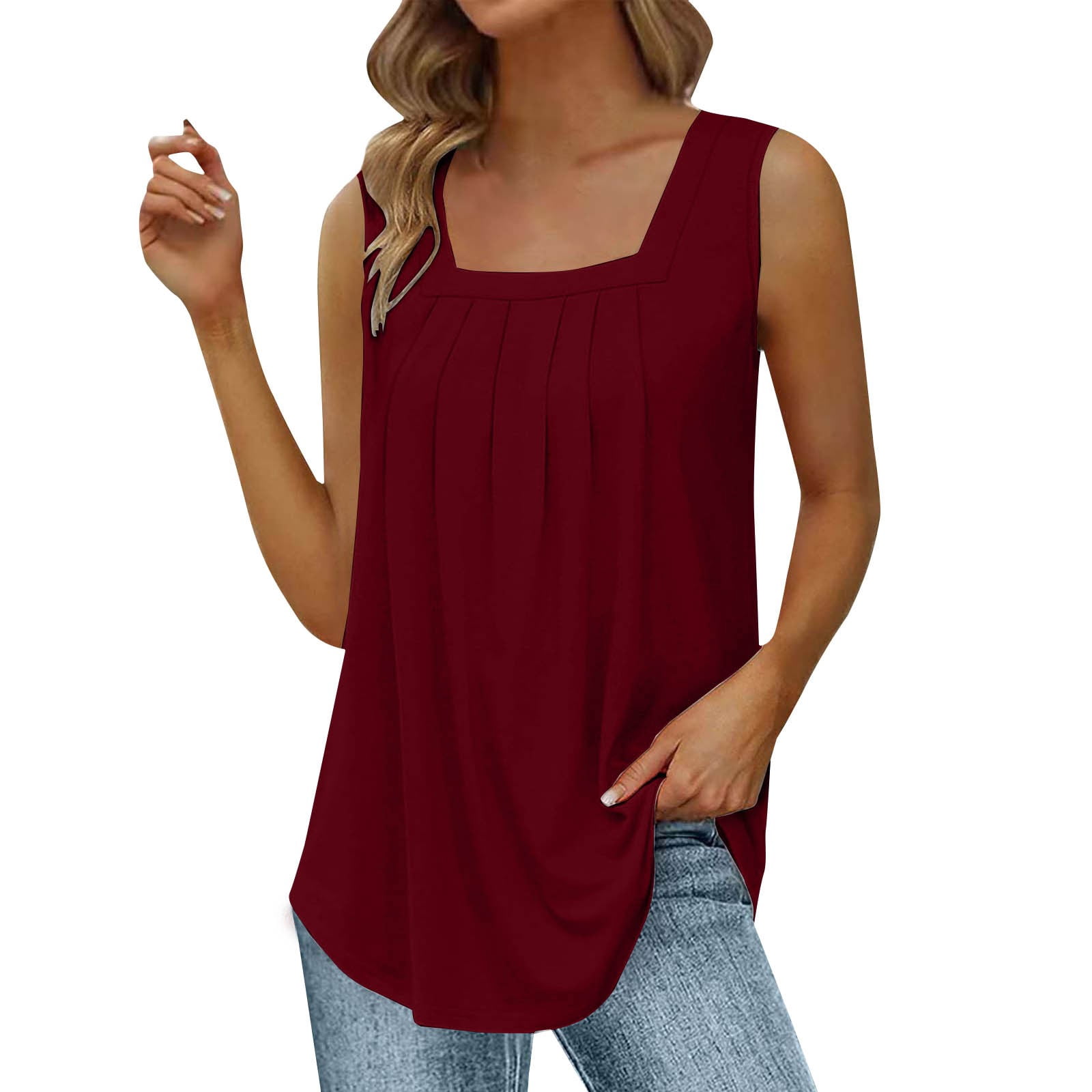 Saloogoe Women's Summer Tank Top - Loose Fit Pleated Scoop Neck Lace Sleeveless Tunic