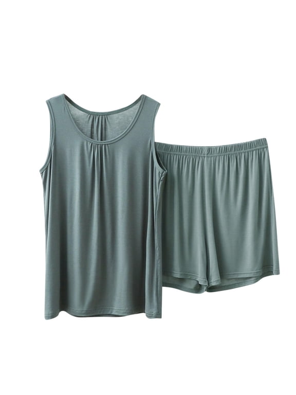 Cqxid525 Women's Tanks Summer Cotton Pajama Set for Women Plus Size Soft Shorts & Tank Top Sleeveless Sleepwear for Home/Travel