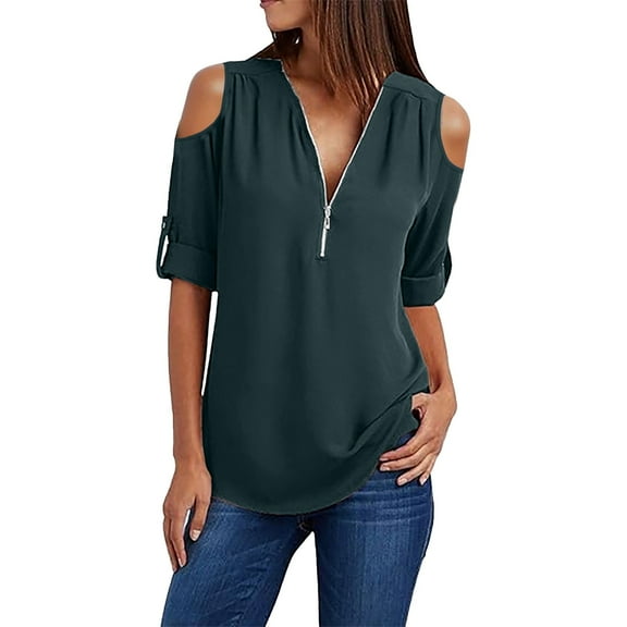 Cqxid525 Womens Long Sleeve Shirts Basic Tee Button Women Ladies Clothing Loose Shirt Chiffon Zipper Long Sleeves Plus Size Tops Cold Shoulder Top Basic Tee Fashion Womens Tops